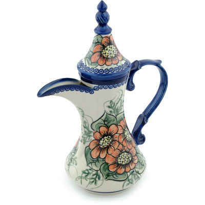 Polish Pottery Tea or Coffee Pot 23 oz Orange Bouquet UNIKAT