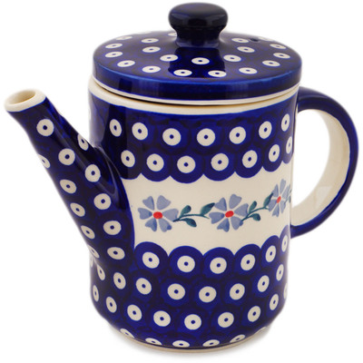 Polish Pottery Tea or Coffee Pot 27 oz Peacock Forget-me-not