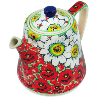 Polish Pottery Tea or Coffee Pot 29 oz Sweet Red Petals UNIKAT