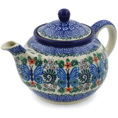 Polish Pottery Tea or Coffee Pot 3&frac12; cups Blue Butterfly Brigade UNIKAT