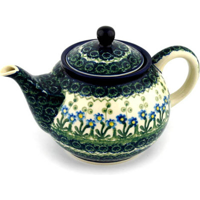 Polish Pottery Tea or Coffee Pot 3&frac12; cups Blue Daisy Circle