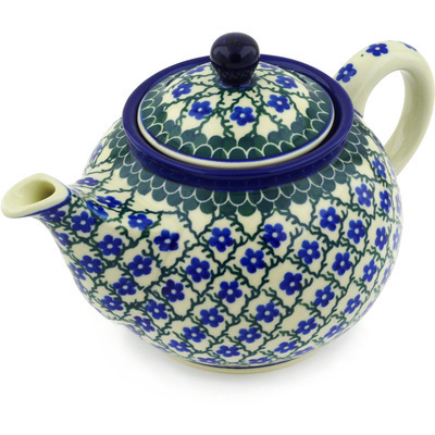 Polish Pottery Tea or Coffee Pot 3&frac12; cups Blue Daisy Trellis