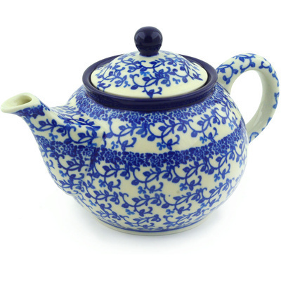 Polish Pottery Tea or Coffee Pot 3&frac12; cups Blue Floral Lace