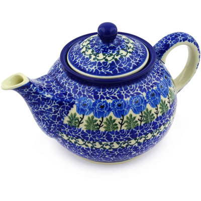 Polish Pottery Tea or Coffee Pot 3&frac12; cups Blue Rosette Wreath