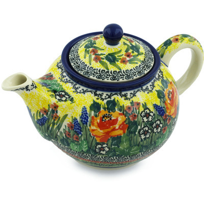 Polish Pottery Tea or Coffee Pot 3&frac12; cups Copper Rose Meadow UNIKAT