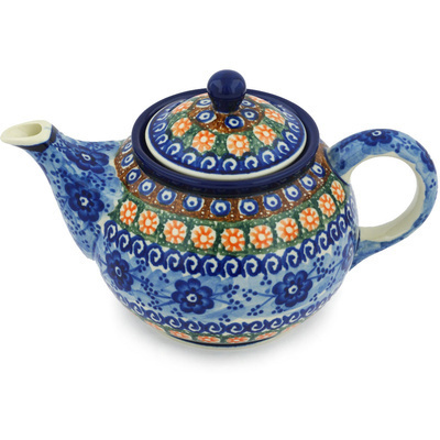 Polish Pottery Tea or Coffee Pot 3&frac12; cups Dancing Blue Poppies UNIKAT