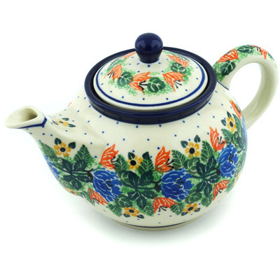 Polish Pottery Tea or Coffee Pot 3&frac12; cups Dotted Floral Wreath UNIKAT