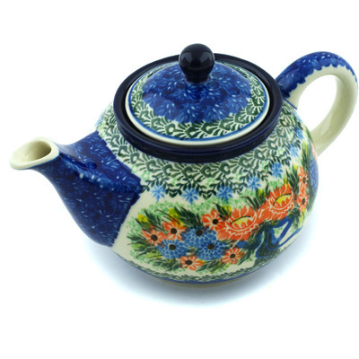 Polish Pottery Tea or Coffee Pot 3&frac12; cups Elegant Bouquet UNIKAT