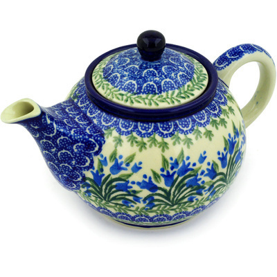 Polish Pottery Tea or Coffee Pot 3&frac12; cups Feathery Bluebells