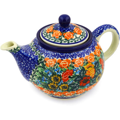 Polish Pottery Tea or Coffee Pot 3&frac12; cups Fiery Bouquet UNIKAT