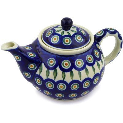 Polish Pottery Tea or Coffee Pot 3&frac12; cups Peacock Leaves