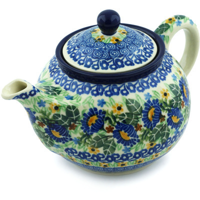 Polish Pottery Tea or Coffee Pot 3&frac12; cups Peeking Blooms UNIKAT