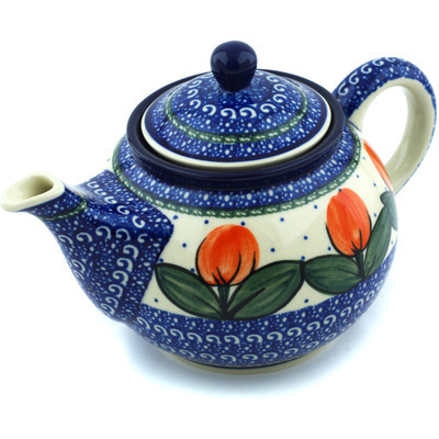 Polish Pottery Tea or Coffee Pot 3&frac12; cups Red Tulip Circle UNIKAT