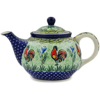 Polish Pottery Tea or Coffee Pot 3&frac12; cups Rooster Parade UNIKAT