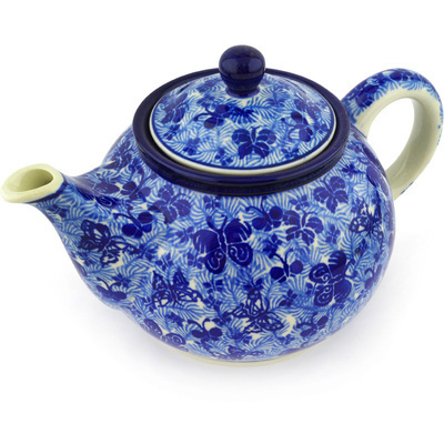 Polish Pottery Tea or Coffee Pot 3&frac12; cups Sapphire Butterfly