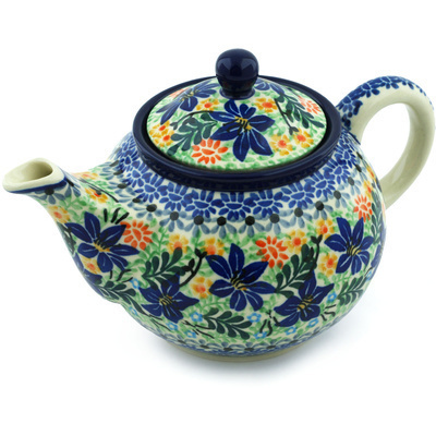 Polish Pottery Tea or Coffee Pot 3&frac12; cups Sapphire Lilies UNIKAT