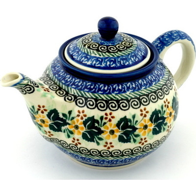 Polish Pottery Tea or Coffee Pot 3&frac12; cups Wreath Of Leaves UNIKAT