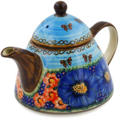 Polish Pottery Tea or Coffee Pot 33 oz Blue Garden UNIKAT
