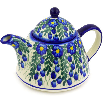 Polish Pottery Tea or Coffee Pot 34 oz Blue Velvet Gardens