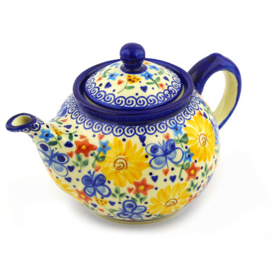 Polish Pottery Tea or Coffee Pot 34 oz Butterfly Sunshine UNIKAT