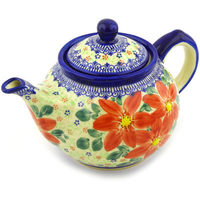 Polish Pottery Tea or Coffee Pot 34 oz Snow Coral Zinnias UNIKAT
