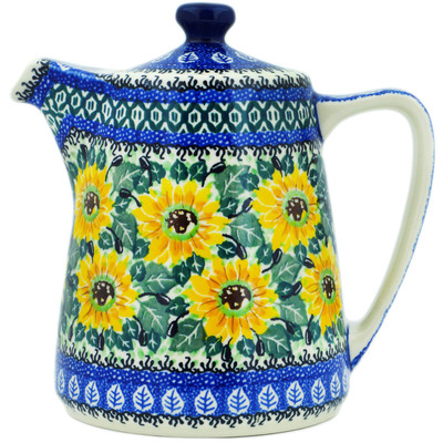Polish Pottery Tea or Coffee Pot 37 oz Yellow Sunflowers UNIKAT