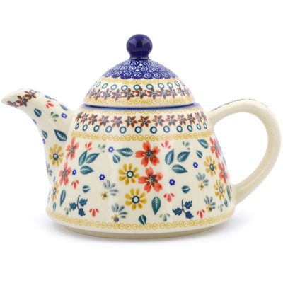 Polish Pottery Tea or Coffee Pot 39 oz Red Anemone Meadow UNIKAT