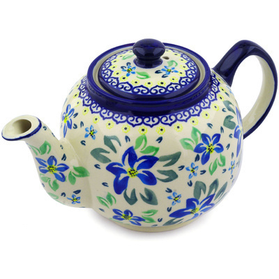 Polish Pottery Tea or Coffee Pot 4 Cup Blue Clematis