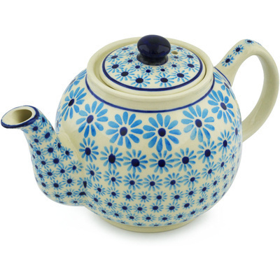 Polish Pottery Tea or Coffee Pot 4 Cup Blue Daisy Delight