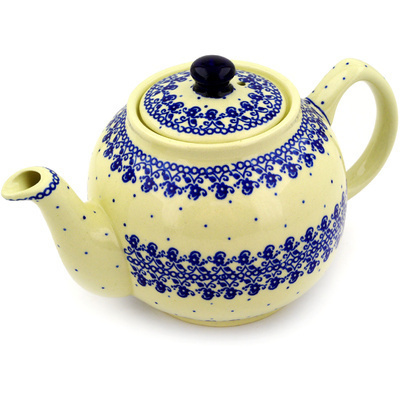 Polish Pottery Tea or Coffee Pot 4 Cup Blue Lace Vines