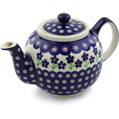 Polish Pottery Tea or Coffee Pot 4 Cup Bright Peacock Daisy