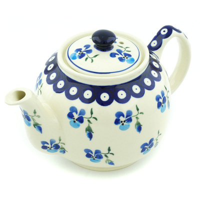 Polish Pottery Tea or Coffee Pot 4 Cup Cobalt Pansy