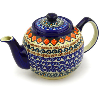 Polish Pottery Tea or Coffee Pot 4 Cup Coral Diamonds UNIKAT