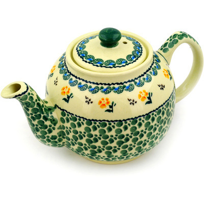 Polish Pottery Tea or Coffee Pot 4 Cup Green Bubbles