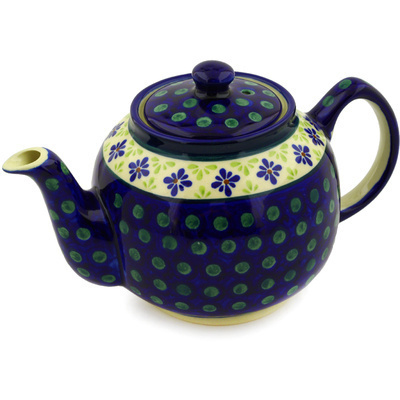 Polish Pottery Tea or Coffee Pot 4 Cup Green Gingham Peacock