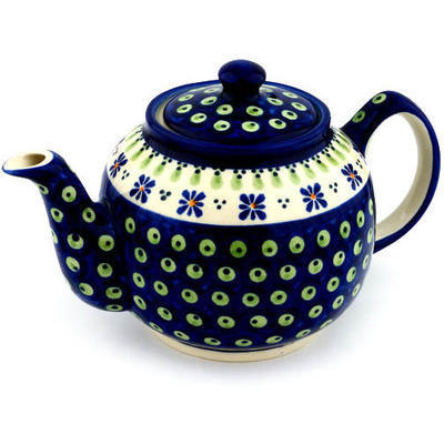 Polish Pottery Tea or Coffee Pot 4 Cup Green Gingham Peacock