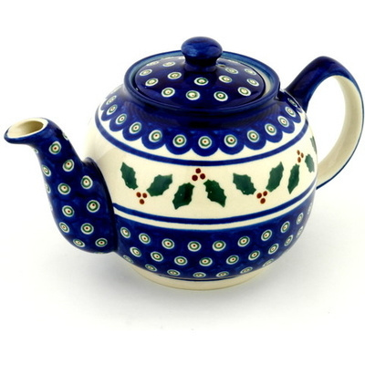 Polish Pottery Tea or Coffee Pot 4 Cup Holly Peacock
