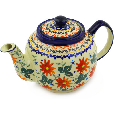 Polish Pottery Tea or Coffee Pot 4 Cup Mexican Flame UNIKAT