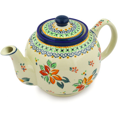 Polish Pottery Tea or Coffee Pot 4 Cup Orange Clematis