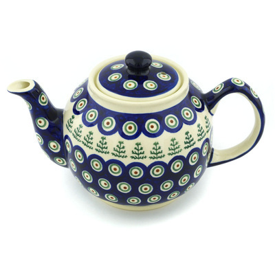 Polish Pottery Tea or Coffee Pot 4 Cup Peacock Christmas