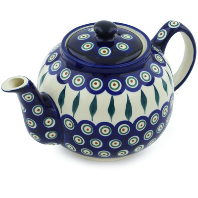 Polish Pottery Tea or Coffee Pot 4 Cup Peacock Leaves