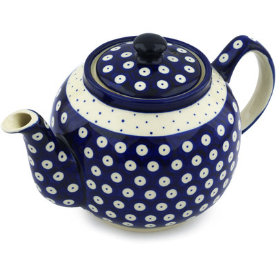 Polish Pottery Tea or Coffee Pot 4 Cup Peacock Polka Dot