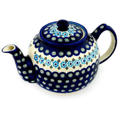 Polish Pottery Tea or Coffee Pot 4 Cup Peacock Poppy Chain