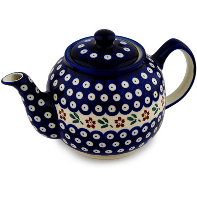 Polish Pottery Tea or Coffee Pot 4 Cup Red Daisy Peacock