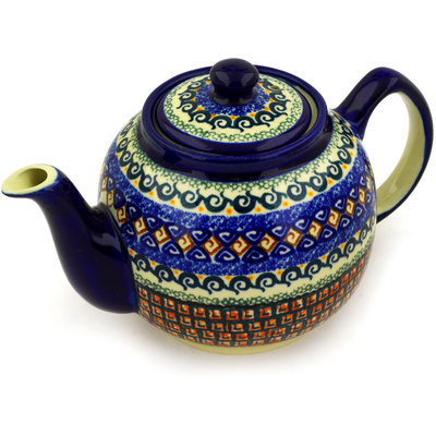 Polish Pottery Tea or Coffee Pot 4 Cup Red Mosaic UNIKAT