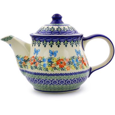Polish Pottery Tea or Coffee Pot 40 oz Ring Of Flowers UNIKAT