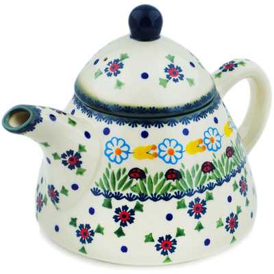 Polish Pottery Tea or Coffee Pot 41 oz Flowers And Ladybugs