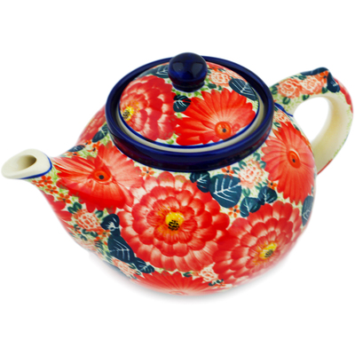 Polish Pottery Tea or Coffee Pot 41 oz Radiant Red Garden UNIKAT