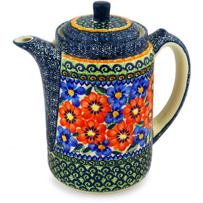 Polish Pottery Tea or Coffee Pot 42 oz Blue And Red Poppies UNIKAT