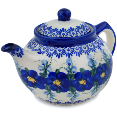 Polish Pottery Tea or Coffee Pot 42 oz Blue Wildflower UNIKAT
